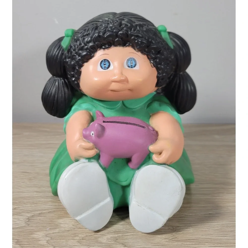 Cabbage Patch Kids Plastic‎ Piggy Coin Bank - Black Hair Green Dress VTG 1983